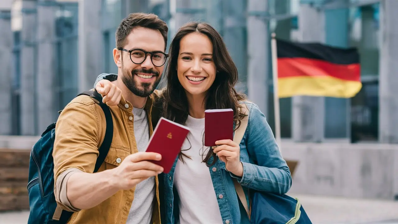 a couple smiling and traveling with a bag and taking a German passport, a small German flag in the background