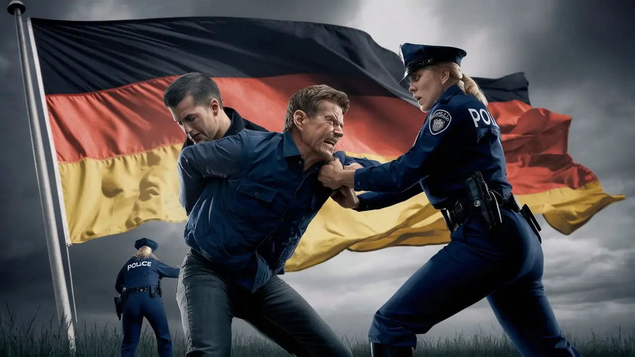 a police woman arresting a man. A German flag should be in background