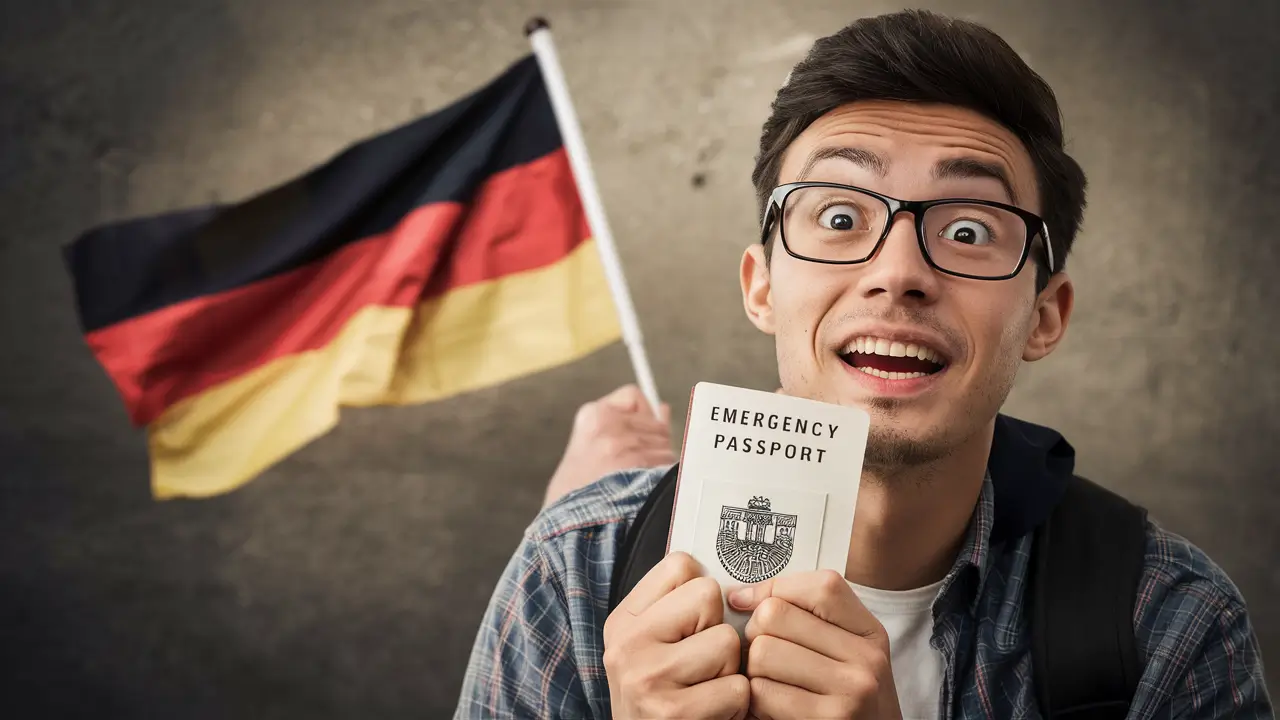 A guy wearing glasses receiving Emergency German passport, a small German flag in the background