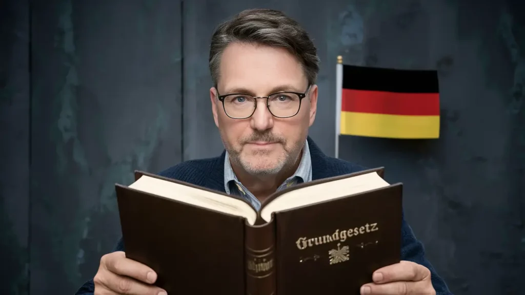a man with glasses opening the German Grundgesetz book, a small German flag should be in the background