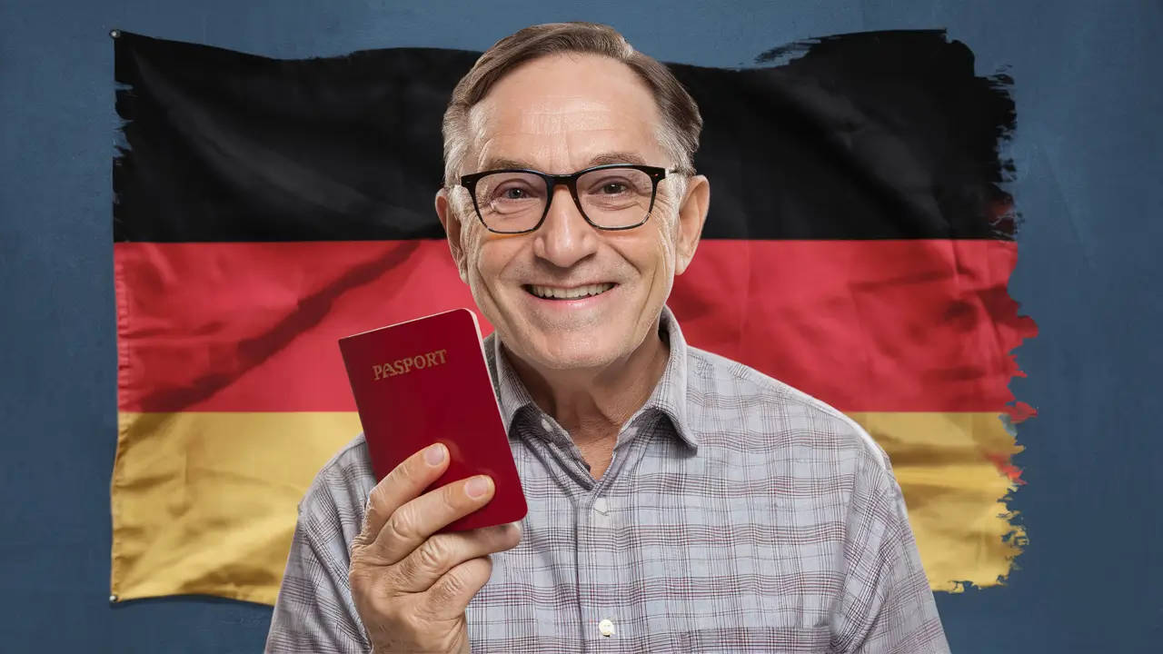 German Naturalization After 67, an old man wearing glasses and smiling and having a red passport on his hand, and a German flag in the background