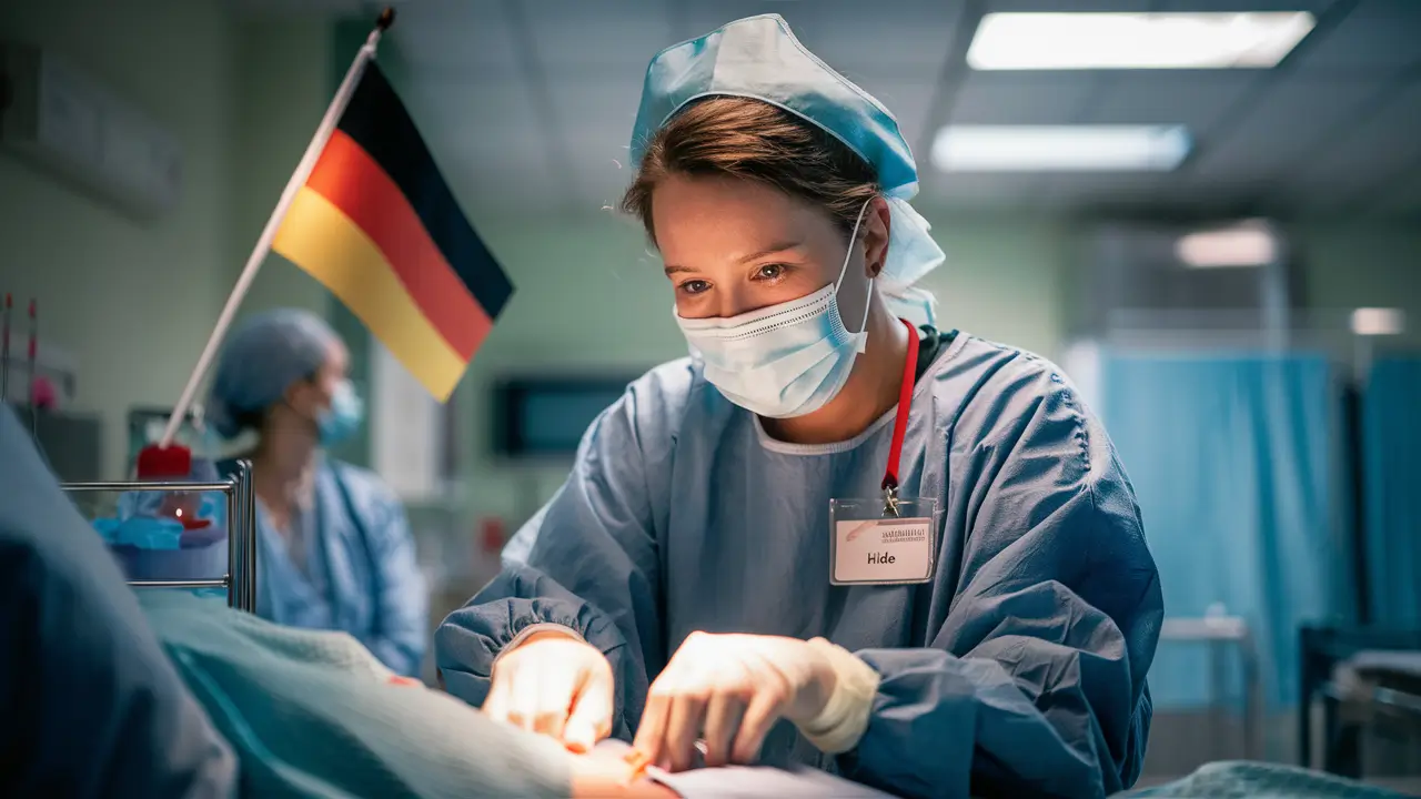 a nurse at work, a small German flag in the background