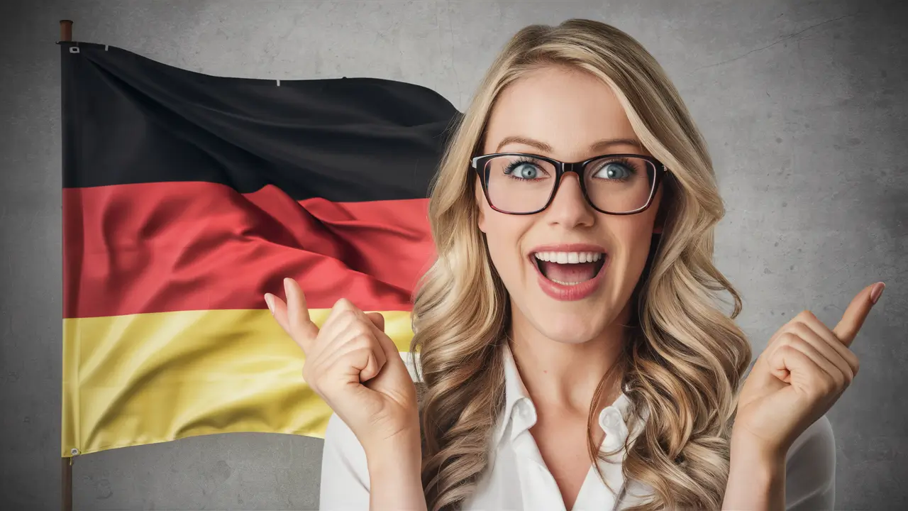 a blond woman with glasses excited in the holiday, a german flag should be in the background