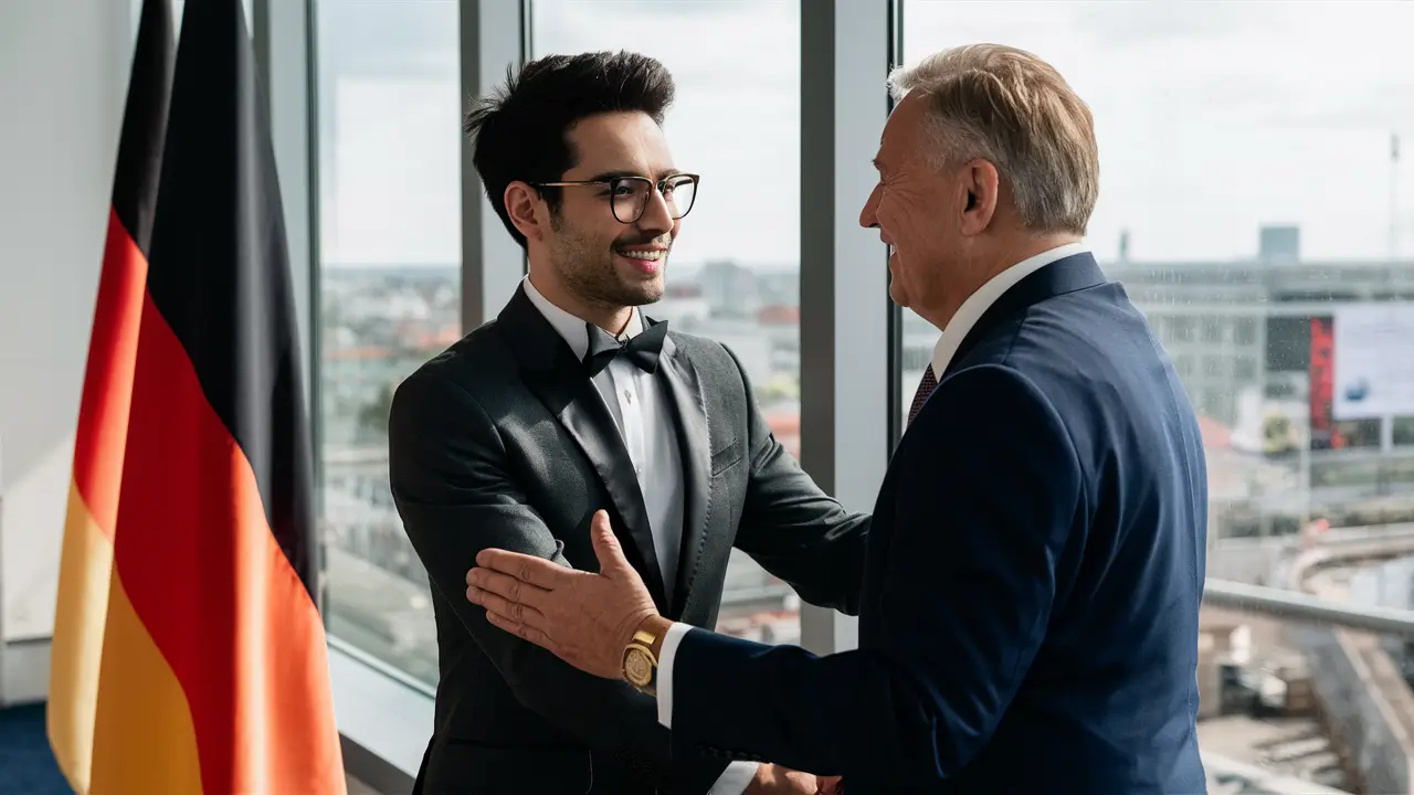 a young persian wearing glasses and a suit is greeting a german politician, a small german flag is the background