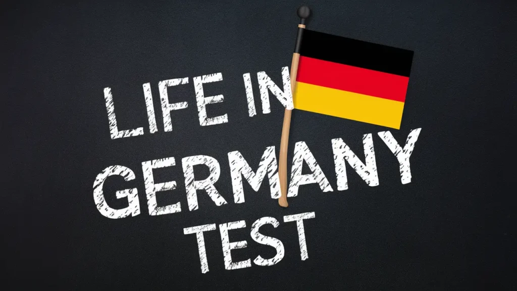 Text "Life in Germany Test" written on a black board, a small German flag is on the background