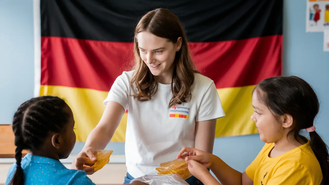 a Girl volunteering with kids. A German flag is in the background