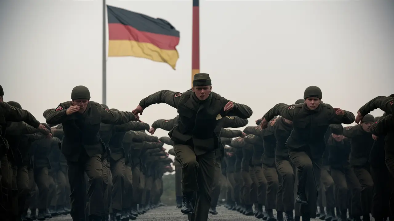 german military training without weapons, a german flag should be flying in the background