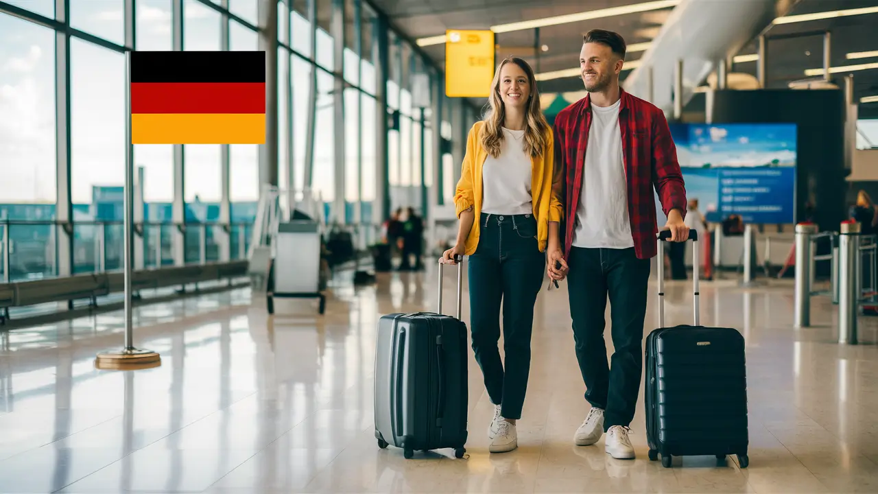 A couple at the airport with a luggage ready to travel , a small German flag in the background