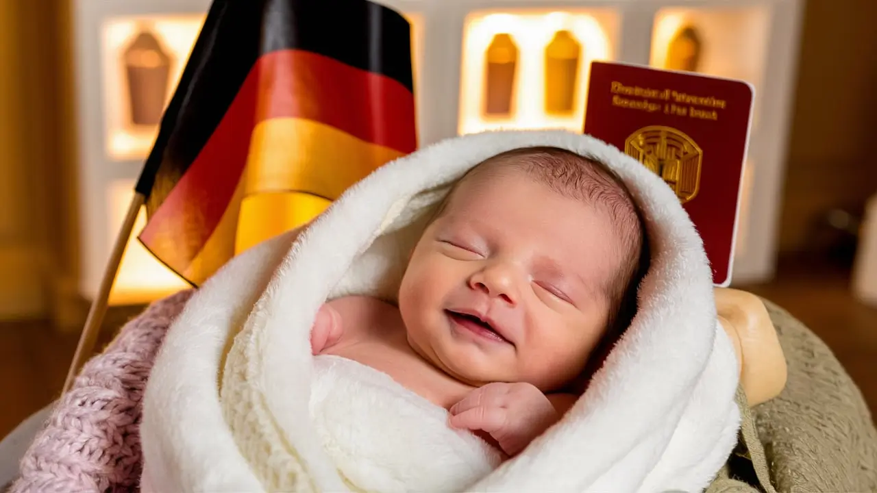 a new born baby. A German flag and German red passport should be in background