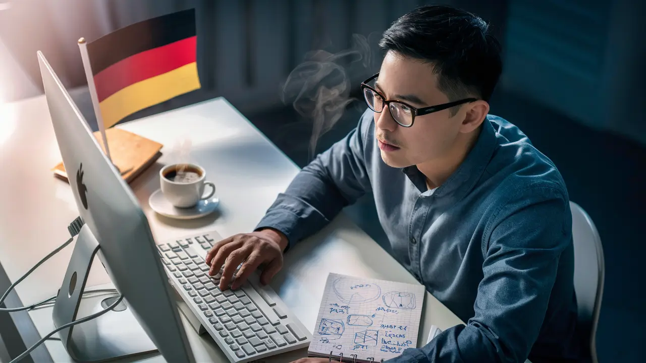 Skilled Workers in Germany like an IT guy wearing glasses working on a computer, a small German flag is on the desk