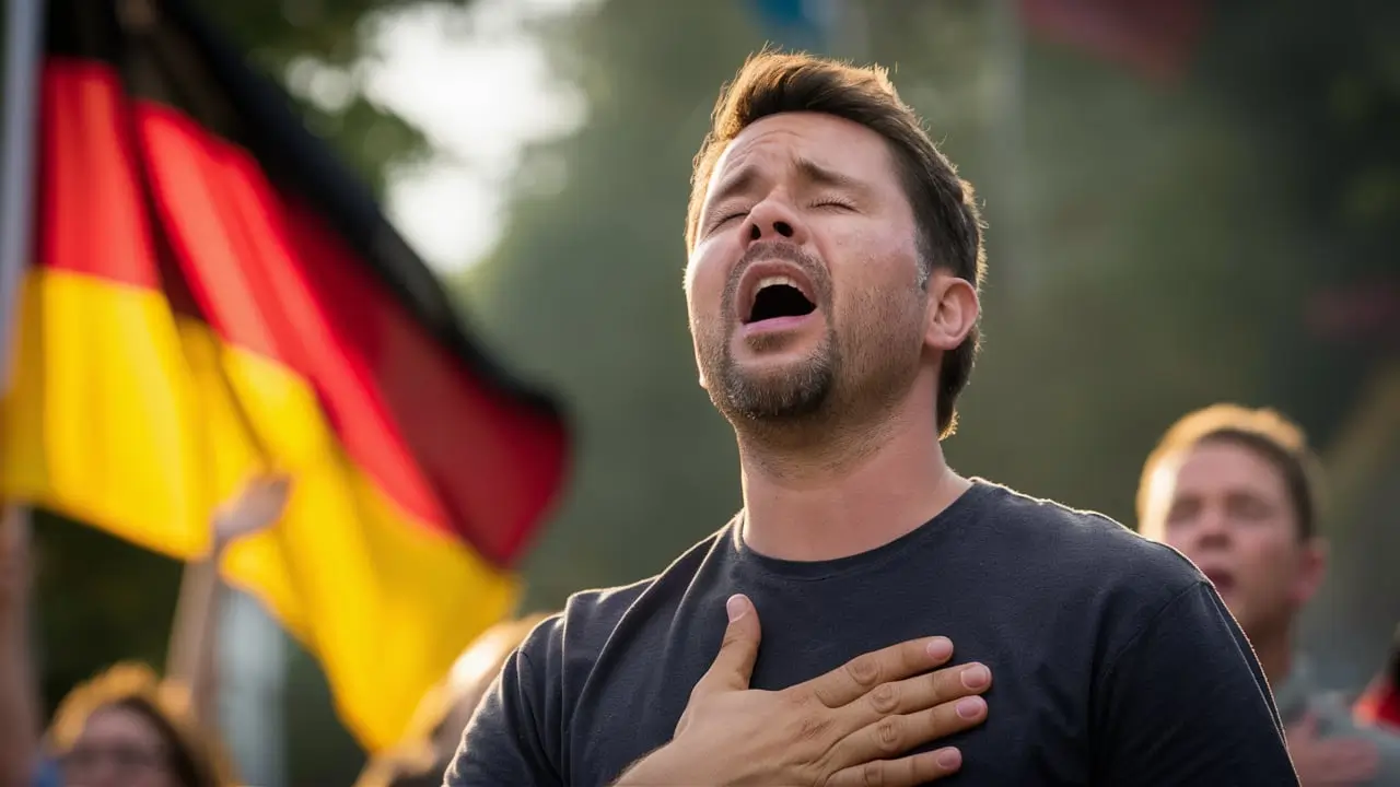 a guy sing German National Anthem and putting his hand on his heart, a german flag in the background