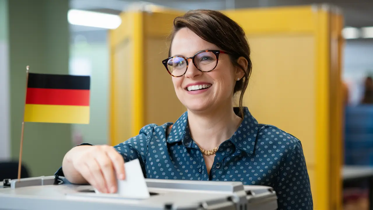 Voting in Germany for the First Time. a woman wearing glasses and smiling is in the voting office, a small German flag is the background