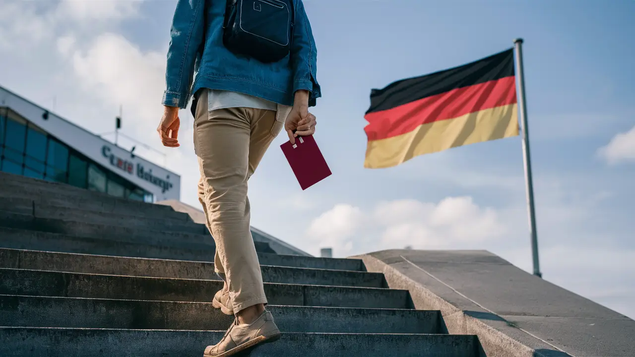 a guy taking the stairs up with a red passport on his hand, and small German flag in the background