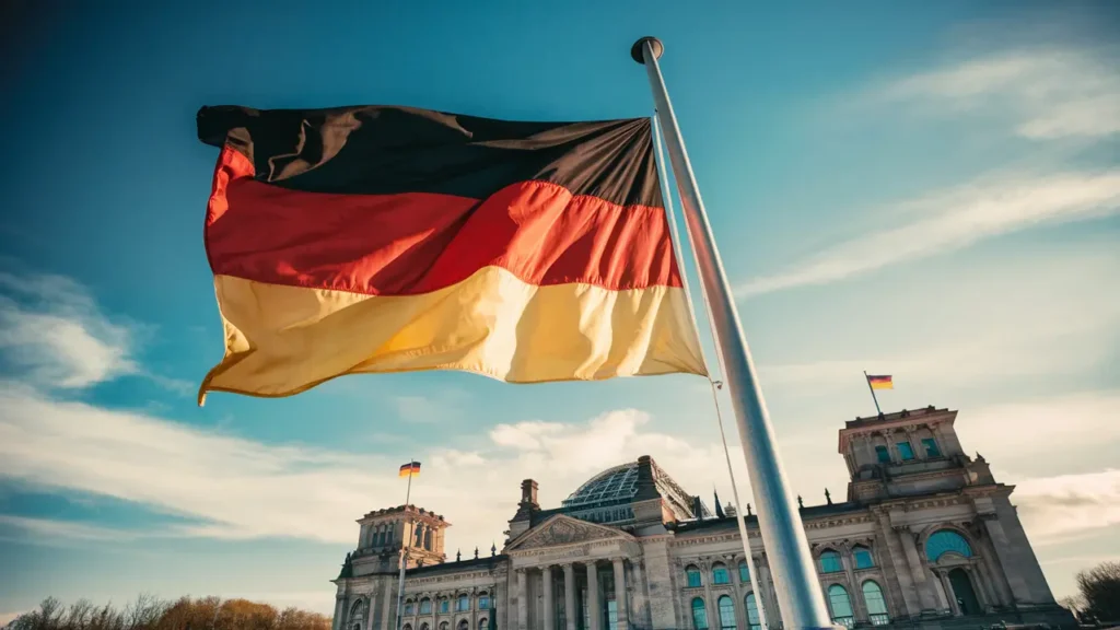 a german flag flying outside the german parlement