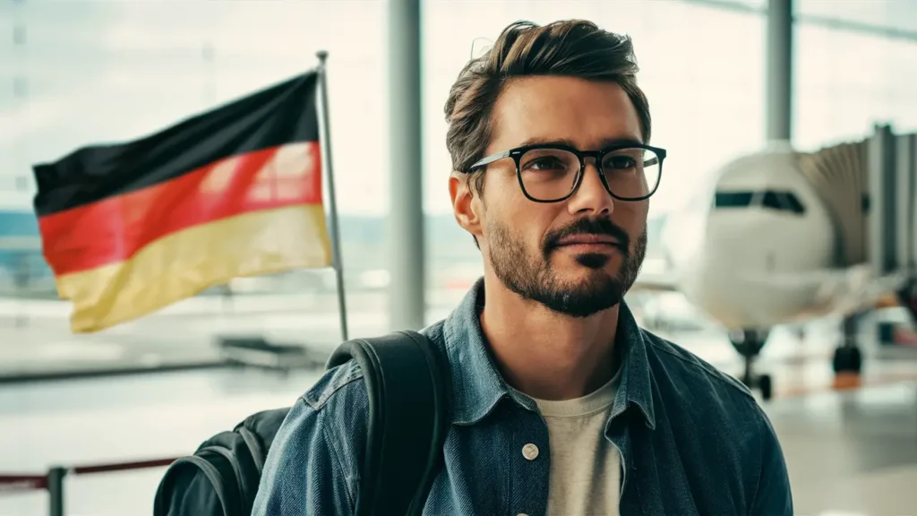 a man with glasses traveling in the airport, and a small German flag should be in the background and an airplane