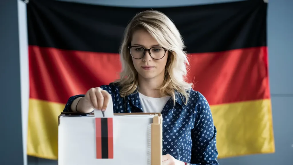 a blond woman with glasses is voting, and a German flag should be in the background