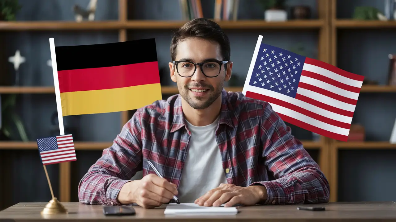 A German guy wearing glasses applying for ESTA, a small German and us flags in the background